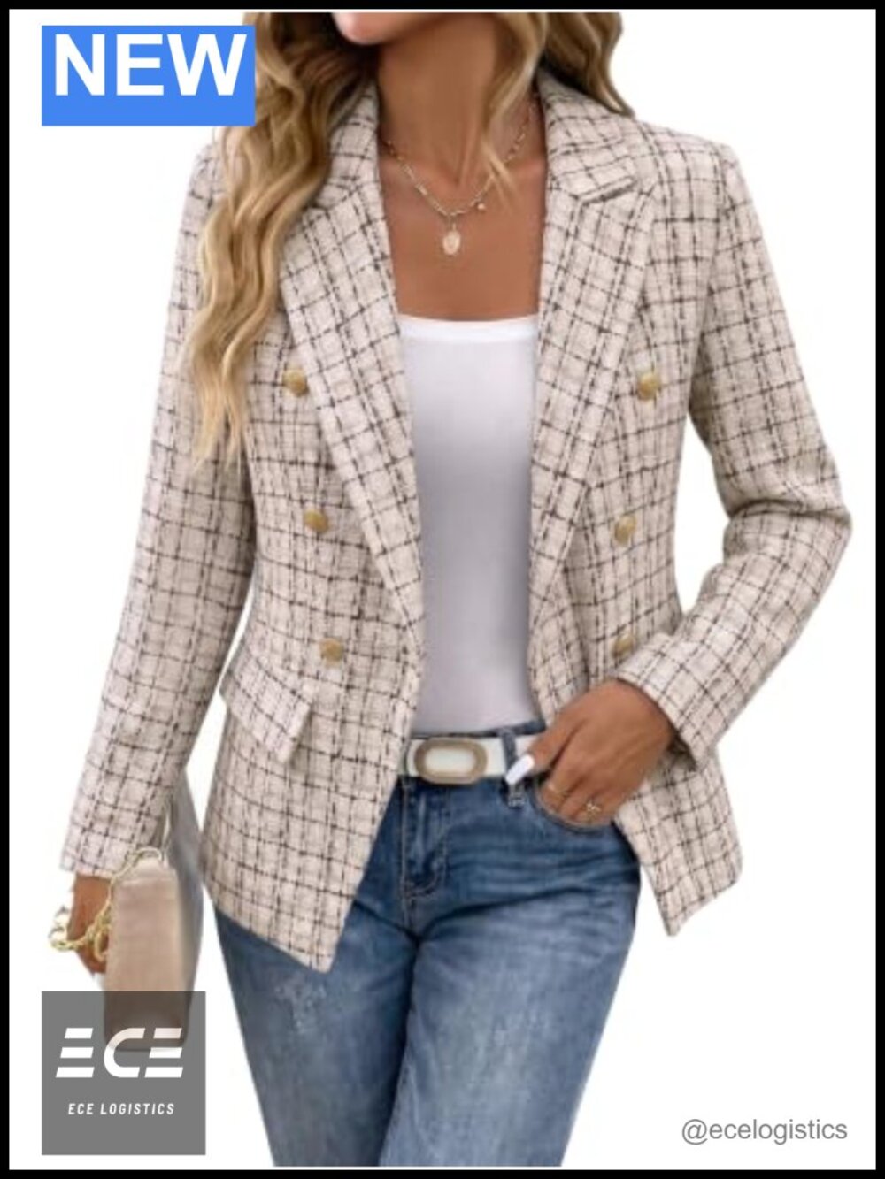 Tweed Plaid Blazer Double Breasted Gold Button Business Casual